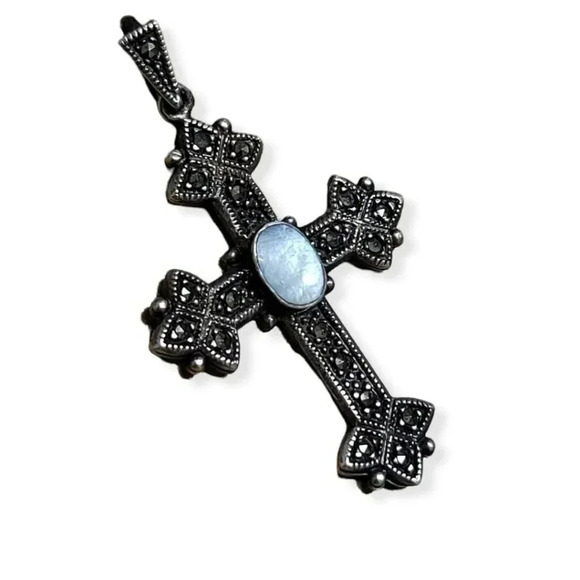 Sterling Silver .925 Signed Marcasite Mother of Pearl Crucifix Vintage Pendant - Picture 1 of 4
